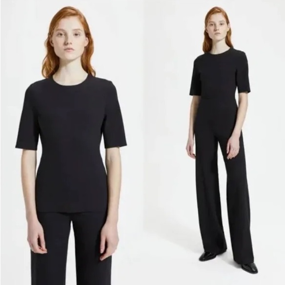Theory Cotton Ponte Fitted Short-Sleeve Shell (SS) Fitted Black Top